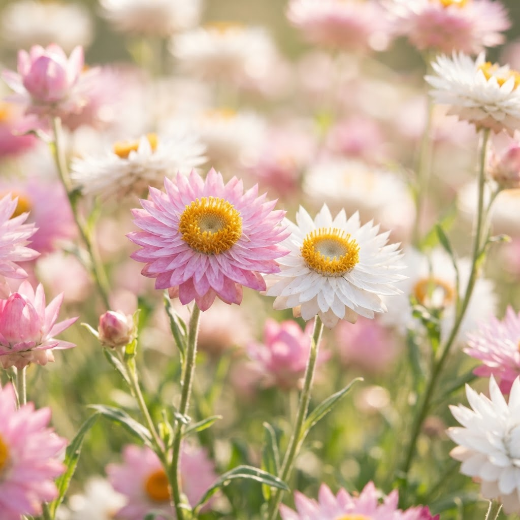 Close-up of pink and white everlasting daisies in bloom