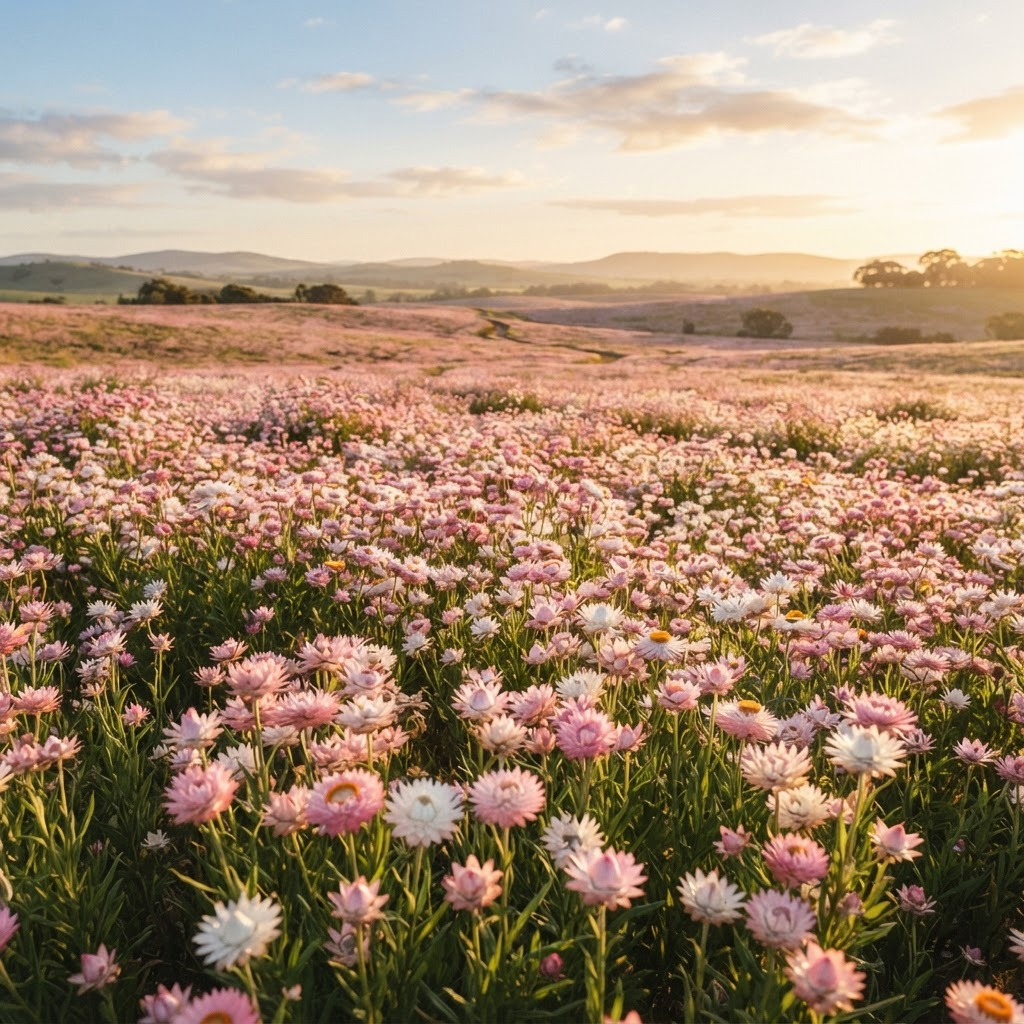 A full field of pink and white everlasting daisies in bloom