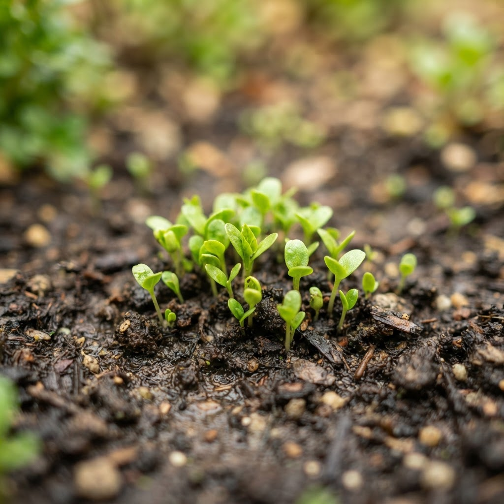 Tiny green daisy seedlings sprouting from rich brown soil